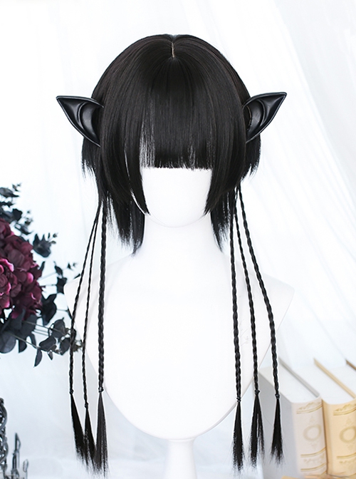 Solid Color Natural Short Hair Long Ponytail Air Bangs Classic Lolita Wig