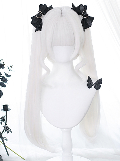 White Air Bangs Sideburns Curly Short Hair Double Ponytail Long Straight Hair Classic Lolita Wig