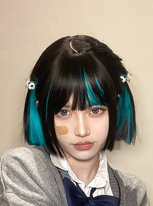 Black Blue Layer-Dyed Hanging Ear Dyed Qi Bangs Daily Cute Short Straight  Hair Classic Lolita