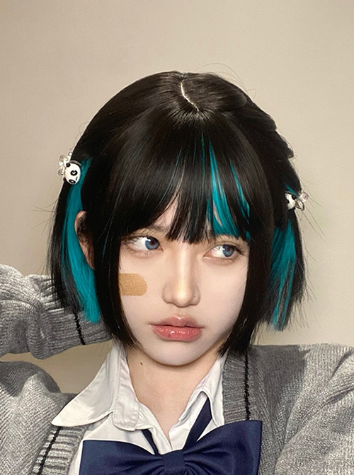 Black Blue Layer-Dyed Hanging Ear Dyed Qi Bangs Daily Cute Short Straight Hair Classic Lolita Wig