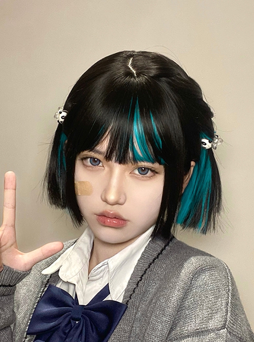 Black Blue Layer-Dyed Hanging Ear Dyed Qi Bangs Daily Cute Short Straight Hair Classic Lolita Wig