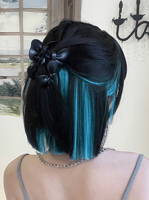 Black Blue Layer-Dyed Hanging Ear Dyed Qi Bangs Daily Cute Short Straight Hair Classic Lolita Wig