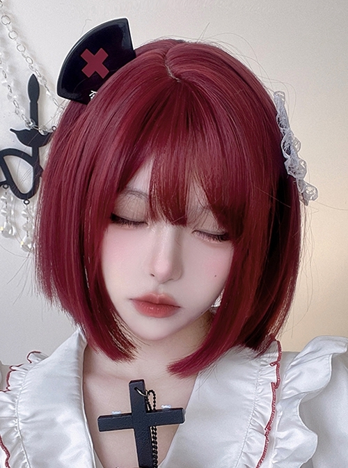 Internet Celebrity Natural Red Fashion Daily Qi Bangs Short Straight Hair Classic Lolita Wig
