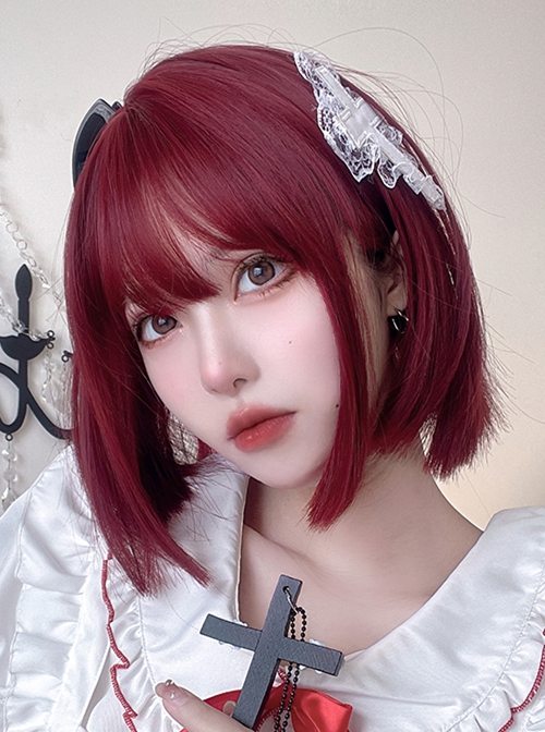 Internet Celebrity Natural Red Fashion Daily Qi Bangs Short Straight Hair Classic Lolita Wig