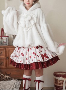 White Plush Cute Rabbit Ears Fluffy Lantern Sleeves Warm Sweet Lolita Blouse