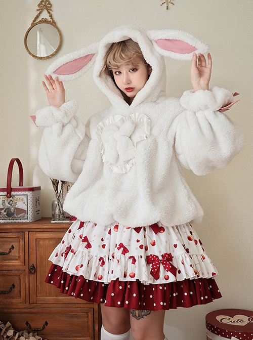 White Plush Cute Rabbit Ears Fluffy Lantern Sleeves Warm Sweet Lolita Blouse