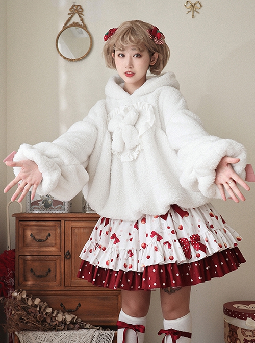 White Plush Cute Rabbit Ears Fluffy Lantern Sleeves Warm Sweet Lolita Blouse