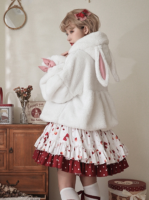 White Plush Cute Rabbit Ears Fluffy Lantern Sleeves Warm Classic Lolita Blouse