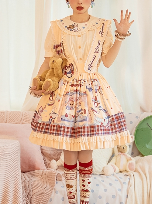 Embroidered Doll Collar Short Sleeve Shirt Plaid Print Decorative Detachable Shoulder Strap Sweet Lolita Shirt Skirt Set