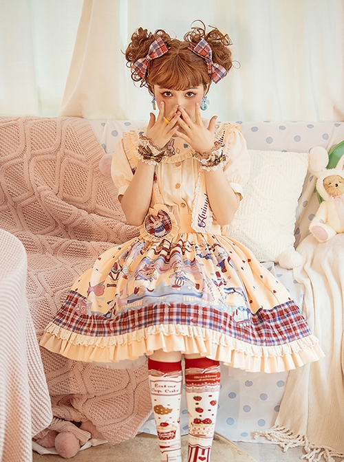 Embroidered Doll Collar Short Sleeve Shirt Plaid Print Decorative Detachable Shoulder Strap Sweet Lolita Shirt Skirt Set