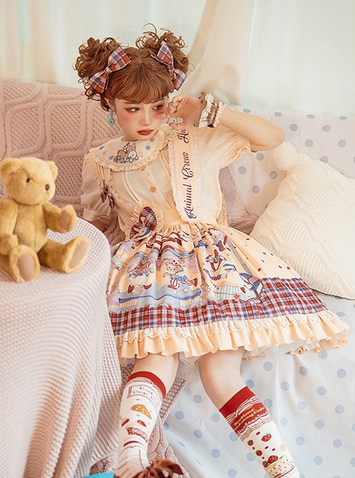 Embroidered Doll Collar Short Sleeve Shirt Plaid Print Decorative Detachable Shoulder Strap Sweet Lolita Shirt Skirt Set