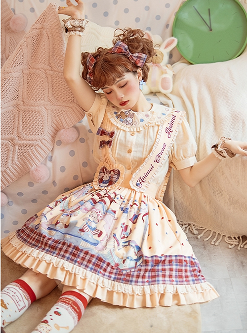 Embroidered Doll Collar Short Sleeve Shirt Plaid Print Decorative Detachable Shoulder Strap Sweet Lolita Shirt Skirt Set