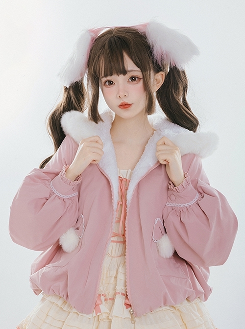 Cute Rabbit Ears Autumn Winter Plush Plush Ball Lantern Sleeves Sweet Lolita Short Coat