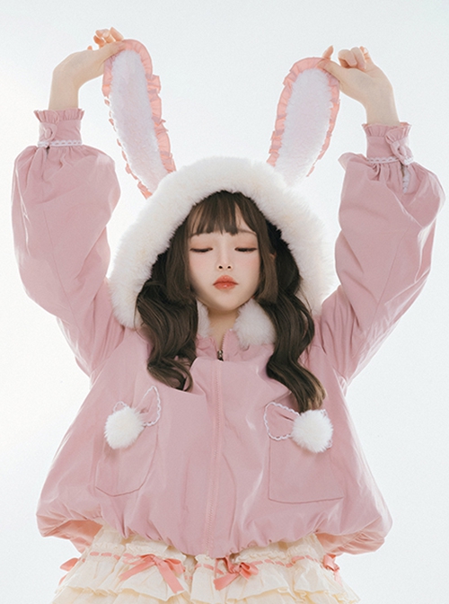 Cute Rabbit Ears Autumn Winter Plush Plush Ball Lantern Sleeves Sweet Lolita Short Coat