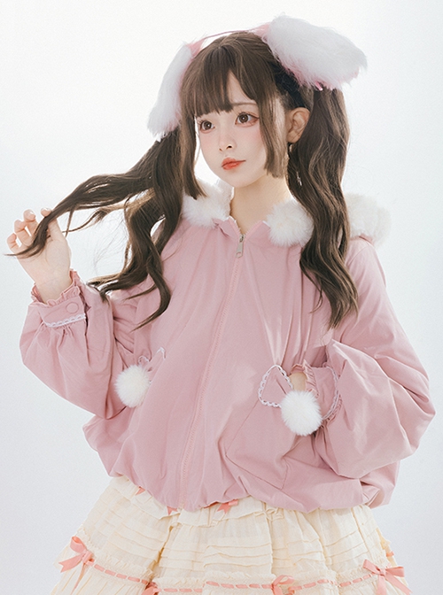 Cute Rabbit Ears Autumn Winter Plush Plush Ball Lantern Sleeves Sweet Lolita Short Coat