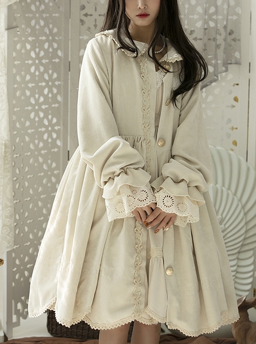 Autumn Winter Solid Color Doll Collar Lace Decorated Corduroy Classic Lolita Mid-Length Coat