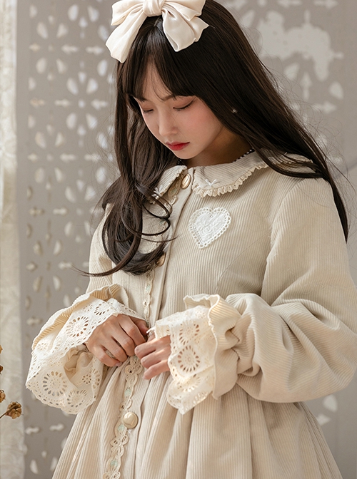 Autumn Winter Solid Color Doll Collar Lace Decorated Corduroy Classic Lolita Mid-Length Coat