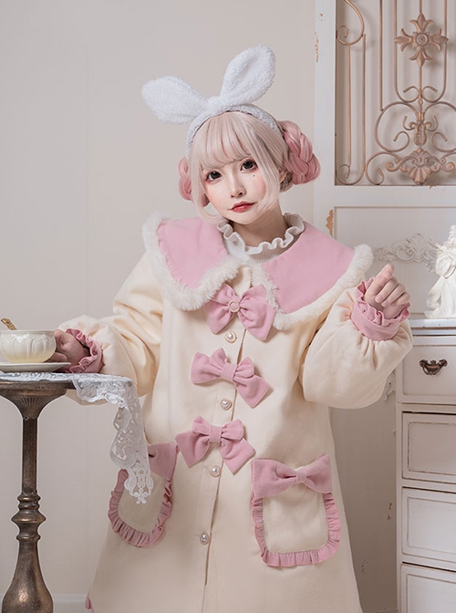 Cute Autumn Winter Solid Color Plush Collar Lantern Sleeve Bow Decoration Sweet Lolita Medium Long Coat