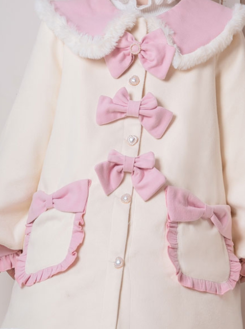 Cute Autumn Winter Solid Color Plush Collar Lantern Sleeve Bow Decoration Sweet Lolita Medium Long Coat