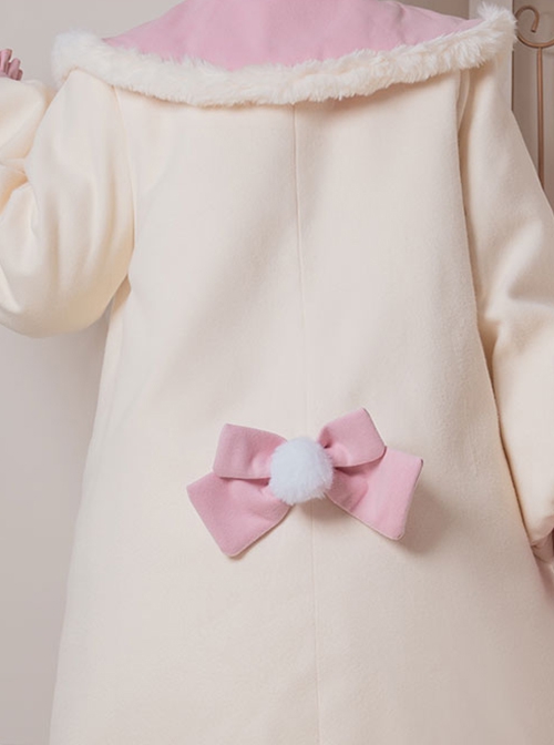 Cute Autumn Winter Solid Color Plush Collar Lantern Sleeve Bow Decoration Sweet Lolita Medium Long Coat