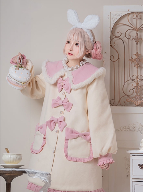 Cute Autumn Winter Solid Color Plush Collar Lantern Sleeve Bow Decoration Sweet Lolita Medium Long Coat