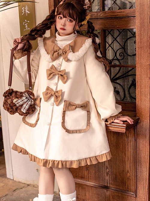 Cute Autumn Winter Solid Color Plush Collar Lantern Sleeve Bow Decoration Sweet Lolita Medium Long Coat