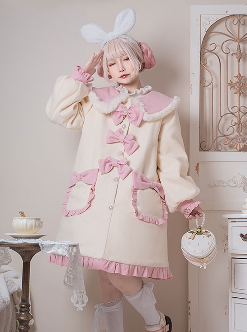 Cute Autumn Winter Solid Color Plush Collar Lantern Sleeve Bow Decoration Sweet Lolita Medium Long Coat