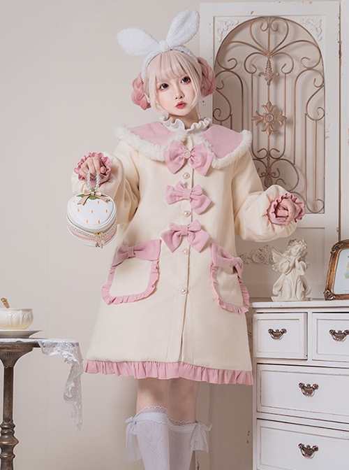 Cute Autumn Winter Solid Color Plush Collar Lantern Sleeve Bow Decoration Sweet Lolita Medium Long Coat