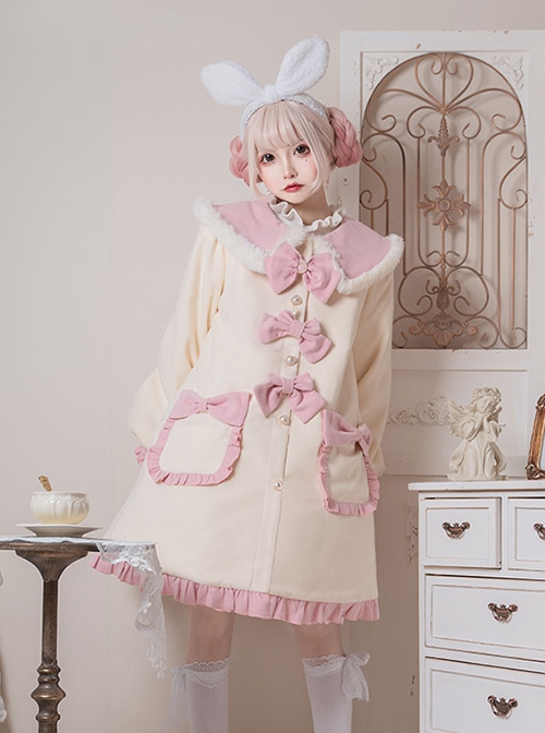 Cute Autumn Winter Solid Color Plush Collar Lantern Sleeve Bow Decoration Sweet Lolita Medium Long Coat