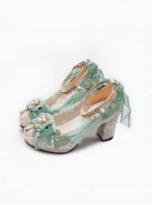 Gorgeous Elegant Pearl Feather Rose Decoration Lace Green Classic Lolita High Heel Shoes