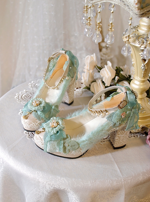 Gorgeous Elegant Pearl Feather Rose Decoration Lace Green Classic Lolita High Heel Shoes