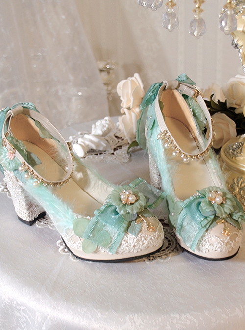 Gorgeous Elegant Pearl Feather Rose Decoration Lace Green Classic Lolita High Heel Shoes
