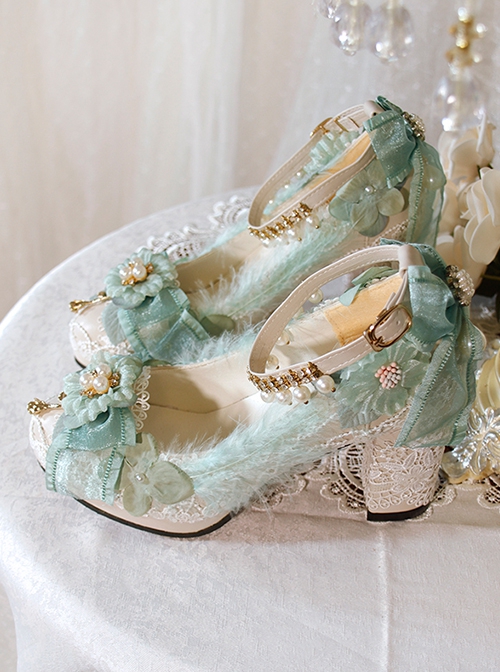 Gorgeous Elegant Pearl Feather Rose Decoration Lace Green Classic Lolita High Heel Shoes