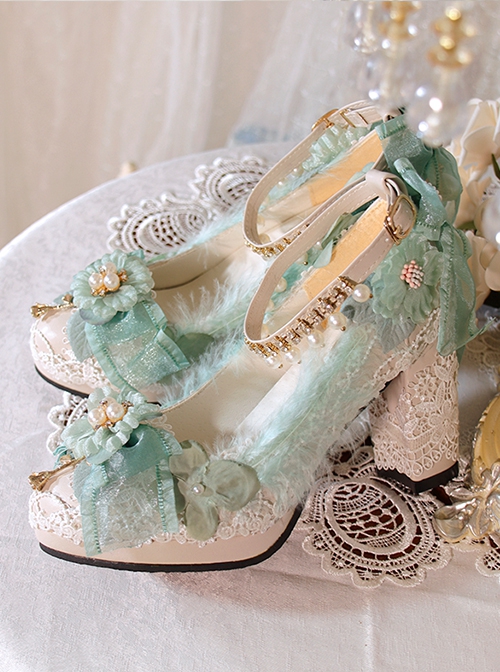 Gorgeous Elegant Pearl Feather Rose Decoration Lace Green Classic Lolita High Heel Shoes