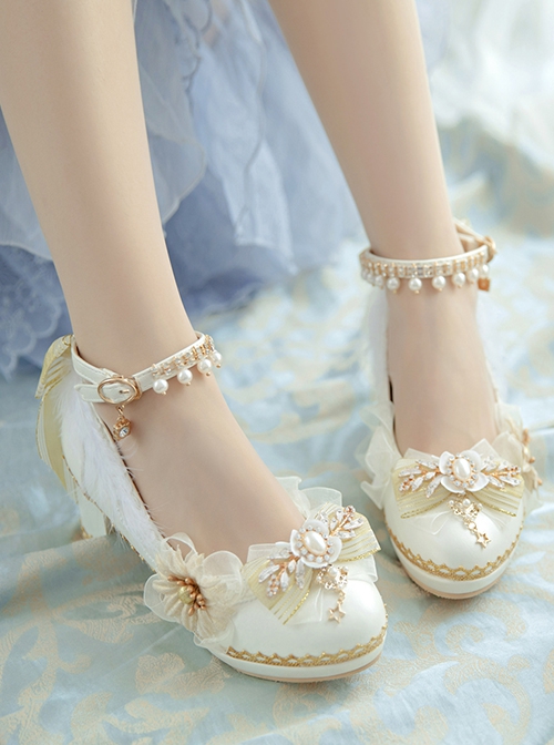 White Lace Flower Bow-Knot Pearl Rhinestone Decoration Classic Lolita High Heel Shoes