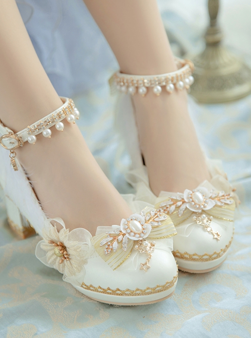White Lace Flower Bow-Knot Pearl Rhinestone Decoration Classic Lolita High Heel Shoes