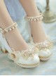 White Lace Flower Bow-Knot Pearl Rhinestone Decoration Classic Lolita High Heel Shoes