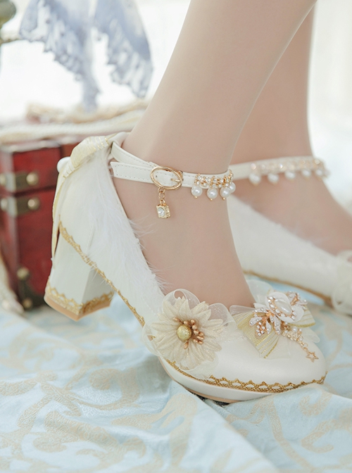 White Lace Flower Bow-Knot Pearl Rhinestone Decoration Classic Lolita High Heel Shoes