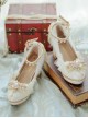 White Lace Flower Bow-Knot Pearl Rhinestone Decoration Classic Lolita High Heel Shoes