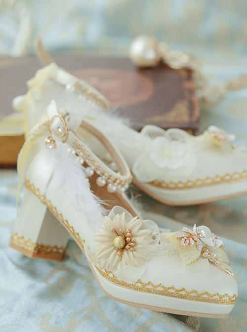 White Lace Flower Bow-Knot Pearl Rhinestone Decoration Classic Lolita High Heel Shoes