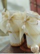 White Lace Flower Bow-Knot Pearl Rhinestone Decoration Classic Lolita High Heel Shoes