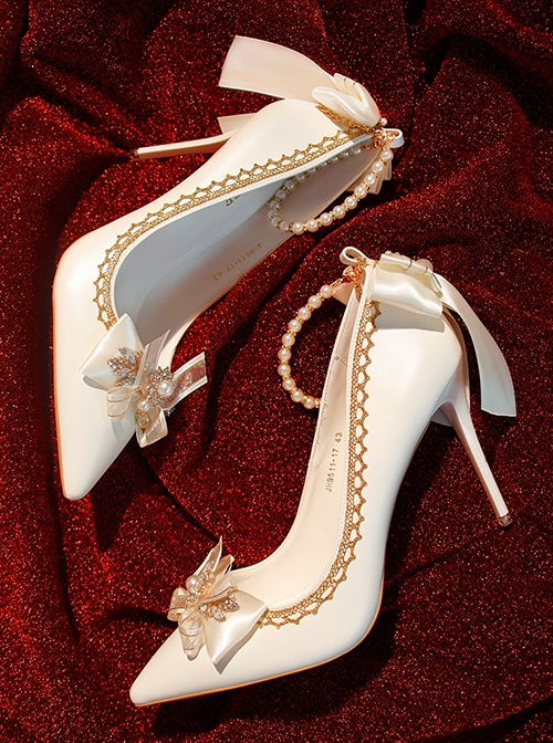 Pointed Toe Stiletto Lace Bow-Knot Bead Chain Rhinestone Embellished Satin Classic Lolita High Heel Shoes