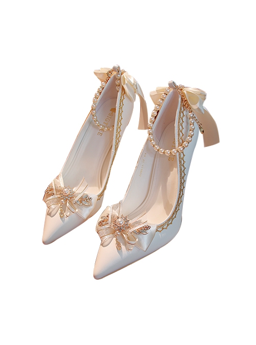 Pointed Toe Stiletto Lace Bow-Knot Bead Chain Rhinestone Embellished Satin Classic Lolita High Heel Shoes