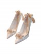 Pointed Toe Stiletto Lace Bow-Knot Bead Chain Rhinestone Embellished Satin Classic Lolita High Heel Shoes