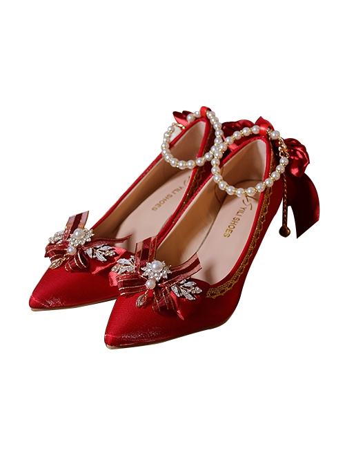 Pointed Toe Stiletto Lace Bow-Knot Bead Chain Rhinestone Embellished Satin Classic Lolita High Heel Shoes