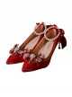 Pointed Toe Stiletto Lace Bow-Knot Bead Chain Rhinestone Embellished Satin Classic Lolita High Heel Shoes