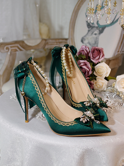 Pointed Toe Stiletto Lace Bow-Knot Bead Chain Rhinestone Embellished Satin Classic Lolita High Heel Shoes