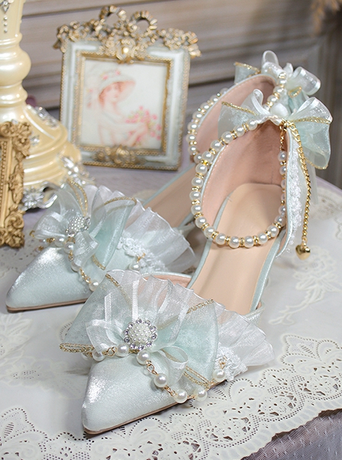 Solid Color Elegant Satin Pointed Toe Stiletto Bead Chain Decoration Bow Classic Lolita High Heel Shoes