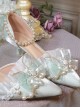 Solid Color Elegant Satin Pointed Toe Stiletto Bead Chain Decoration Bow Classic Lolita High Heel Shoes