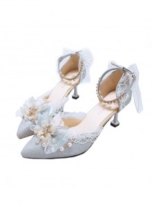 Elegant Fairy Pointed Toe Star Rhinestone Bow-Knot Bead Chain Lace Decoration Classic Lolita High Heel Shoes